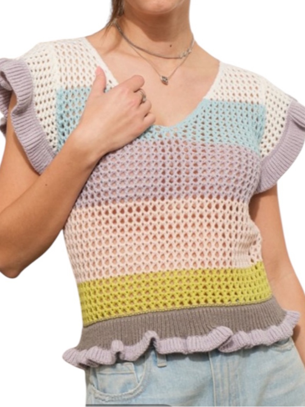 Blue B. Crochet Colorblock Ruffle Sleeve Boho Top - Picture 2 of 3